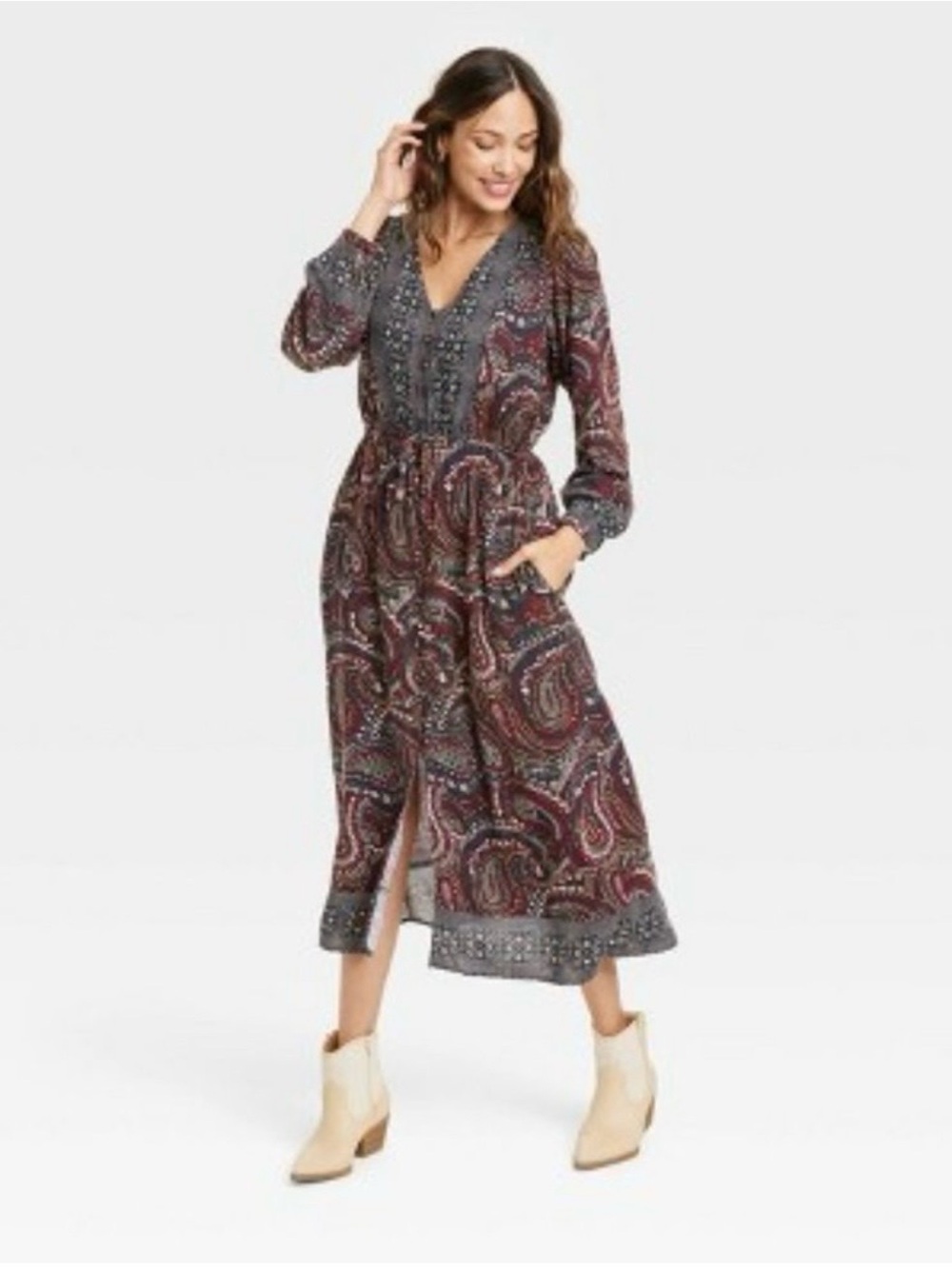 Paisley Print Long Sleeve Midi Dress in Burgundy